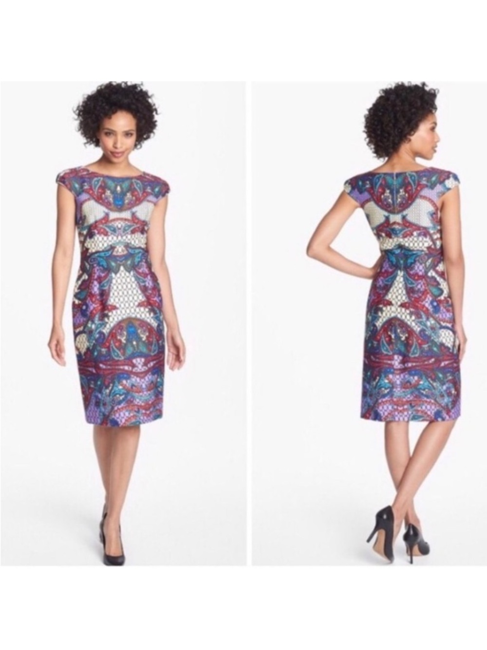 David Meister Purple Multi-Color Printed Midi Dress